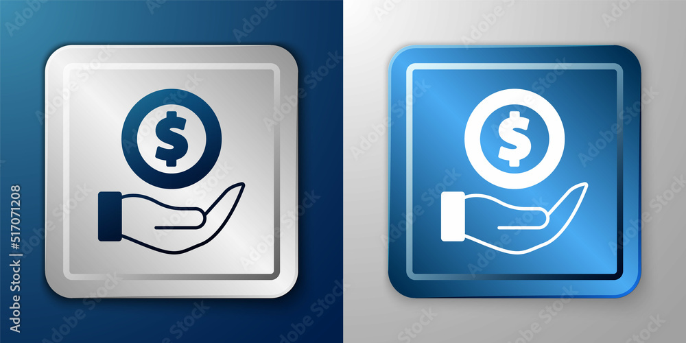 White Money with shield icon isolated on blue and grey background. Insurance concept. Security, safety, protection, protect concept. Silver and blue square button. Vector