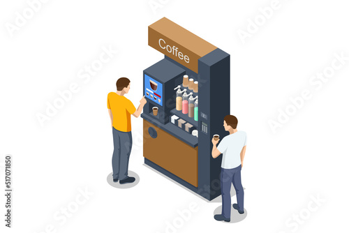 Isometric self-service coffee machines offer consistent quality coffee. Vending machine with coffee in the supermarket.