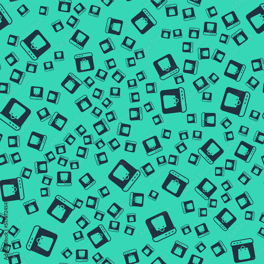 Black Online shopping on screen icon isolated seamless pattern on green background. Concept e-commerce, e-business, online business marketing. Vector Black Online shopping on screen icon isolated seamless pattern on green background. Concept e-commerce, e-business, online business marketing. Vector