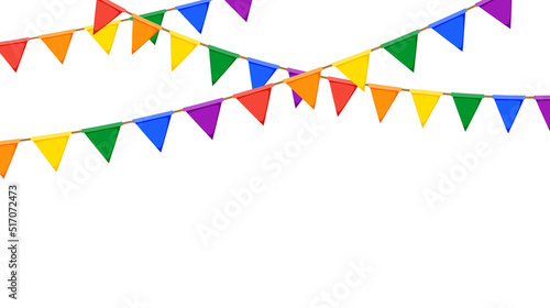 LGBT garland. Rainbow color pennants chain. Party bunting decoration. Triangle celebration flags for pride decor. Vector 
