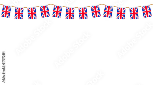 UK flag garland. Union Jack pennants chain. British party bunting decoration. Great Britain flags for celebration. Footer and banner background.