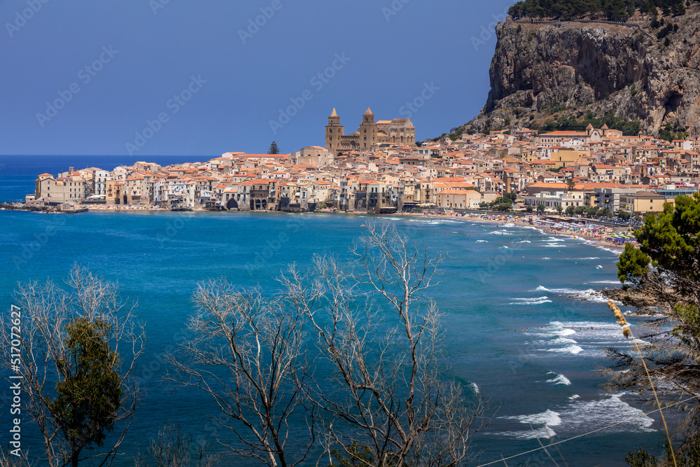 Cefalu, Sicily - Italy - July 7, 2020: Nice view of the medieval old town of Cefalu in Sicily in Italy