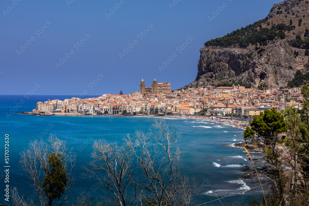 Cefalu, Sicily - Italy - July 7, 2020: Nice view of the medieval old town of Cefalu in Sicily in Italy