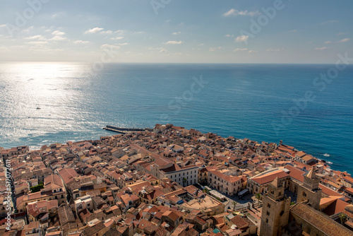 Cefalu, Sicily - Italy - July 7, 2020: Aerial view of Cefalu old town, Sicily, Italy. One of the major tourist attractions in Sicily. Picturesque view from Rocca di Cefalu.