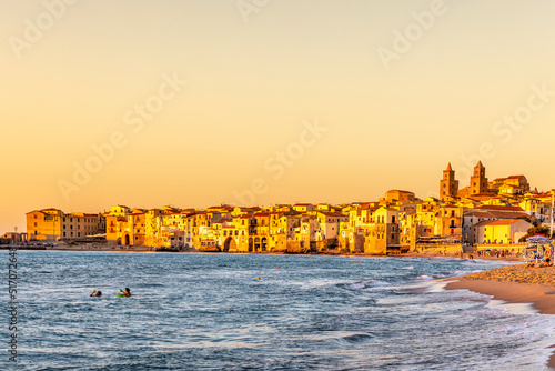 Cefalu, Sicily - Italy - July 7, 2020: Sunset over the medieval old town of Cefalu in Sicily in Italy