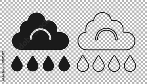 Black Cloud with rain icon isolated on transparent background. Rain cloud precipitation with rain drops. Vector