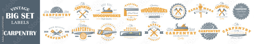 Set of vintage carpentry logos. Posters, stamps, banners and design elements. Vector illustration - obrazy, fototapety, plakaty 