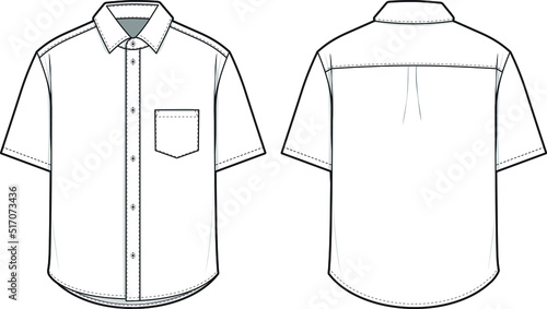 Oxford Collared Button Shirt Short Sleeve Flat Technical Drawing Illustration Blank Mock-up Template for Design and Tech Packs CAD photo