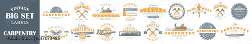 Set of vintage carpentry logos. Posters, stamps, banners and design elements. Vector illustration