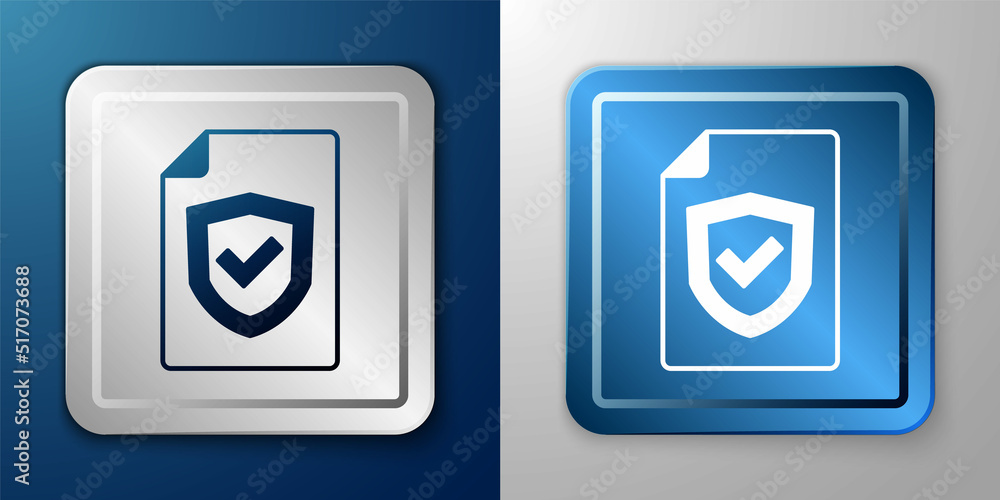 White Contract with shield icon isolated on blue and grey background. Insurance concept. Security, safety, protection, protect concept. Silver and blue square button. Vector White Contract with shield icon isolated on blue and grey background. Insurance concept. Security, safety, protection, protect concept. Silver and blue square button. Vector