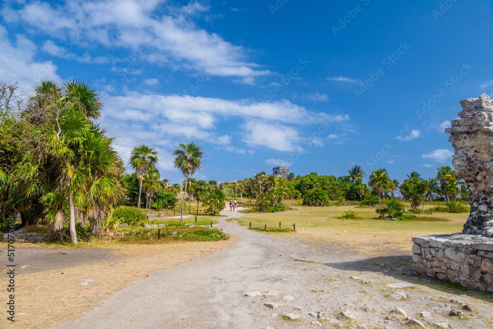 Palms near Great platform, Mayan Ruins in Tulum, Riviera Maya, Yucatan, Caribbean Sea, Mexico