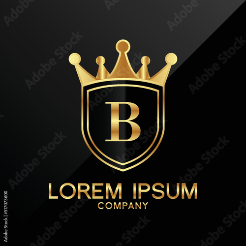 Letter B crest logo Alphabet logotype shield crown gold vector design