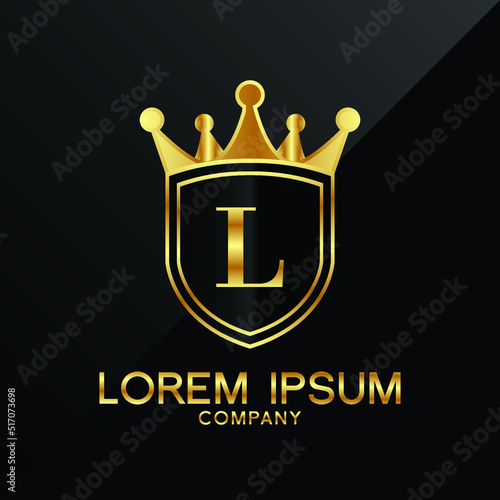 Letter L crest logo Alphabet logotype shield crown gold vector design