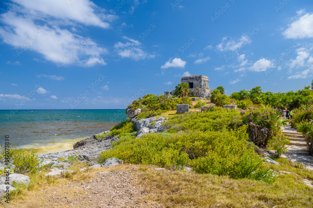 Structure 45, offertories on the hill near the beach, Mayan Ruins in Tulum, Riviera Maya, Yucatan, Caribbean Sea, Mexico