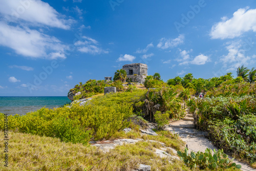 Structure 45  offertories on the hill near the beach  Mayan Ruins in Tulum  Riviera Maya  Yucatan  Caribbean Sea  Mexico