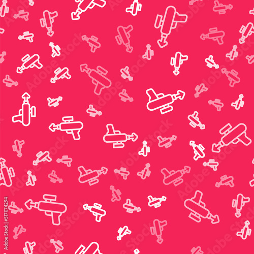 White line Fishing harpoon icon isolated seamless pattern on red background. Fishery manufacturers for catching fish under water. Diving underwater equipment. Vector