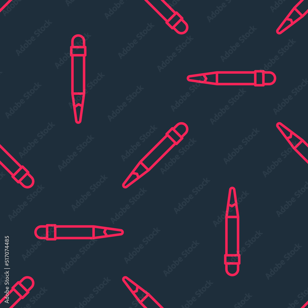 Red line Pencil with eraser icon isolated seamless pattern on black background. Drawing and educational tools. School office symbol. Vector Red line Pencil with eraser icon isolated seamless pattern on black background. Drawing and educational tools. School office symbol. Vector
