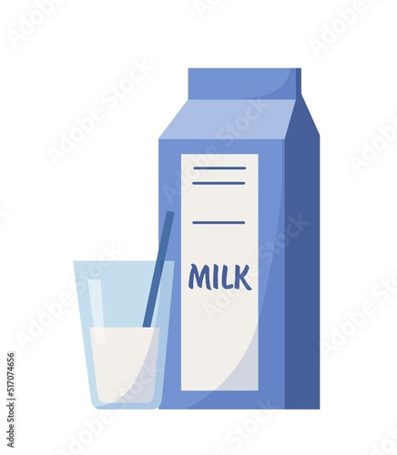 Milk with glass. Dairy products, natural and organic food. Delicious milk food, protein drinks. Health care and proper diet, nutrition. Vegetarianism concept. Cartoon flat vector illustration
