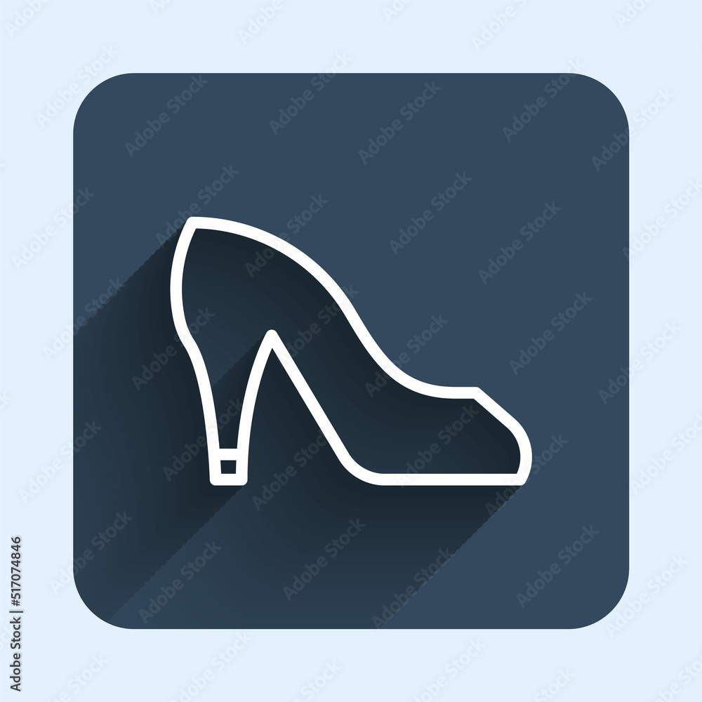 White line Woman shoe with high heel icon isolated with long shadow background. Blue square button. Vector White line Woman shoe with high heel icon isolated with long shadow background. Blue square button. Vector
