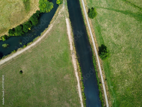 Aerial down shot of river junction in Hertford