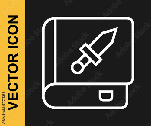 White line Book about weapon icon isolated on black background. Small firearm. Weapon catalog. Vector