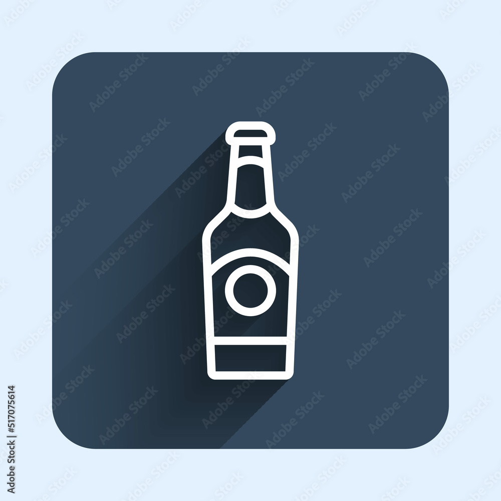 White line Beer bottle icon isolated with long shadow background. Blue square button. Vector White line Beer bottle icon isolated with long shadow background. Blue square button. Vector