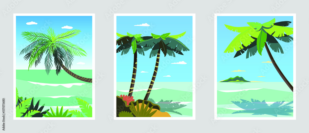 Vector ocean beach landscape illustration set banner. desert island. Summer background. Colorful tropical landscape in palm trees forest and calm water reflection. Hello august