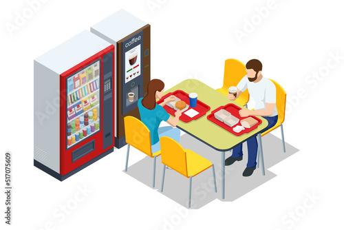 Isometric self-service coffee machines offer consistent quality coffee. Vending machine with coffee in the supermarket, Tables with chairs.