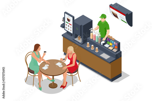 Isometric self-service coffee machines offer consistent quality coffee. Vending machine with coffee in the supermarket, Tables with chairs.