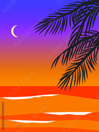 Vector beach sunset ocean landscape illustration for banner. Summer sunset background. Colorful tropical landscape with moon  palm trees forest and calm water reflection. Hello august