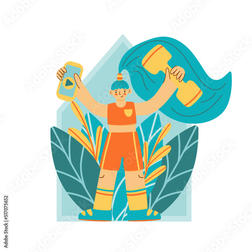 Stay home, keep fit and positive. A girl does fitness at home with dumbbells. Sport exercise, fitness workout. Physical activity, healthy lifestyle concept, home fitness concept