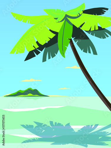 Vector ocean beach landscape illustration banner. Summer background. Colorful tropical landscape in palm trees forest and calm water reflection. Hello august