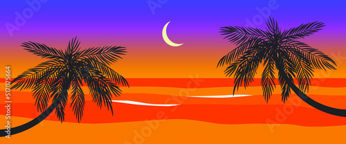 Fototapeta Naklejka Na Ścianę i Meble -  Vector beach sunset ocean landscape illustration for banner. Summer sunset background. Colorful tropical landscape with moon, palm trees forest and calm water reflection. Hello august