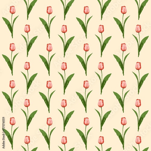 Colorful tulip flower seamless pattern in abstract hand drawn style. Repeating floral illustration for summer fabric, decoration, clothe, textile, ornament, cover, wallpaper, poster, fashion design. © Azizah