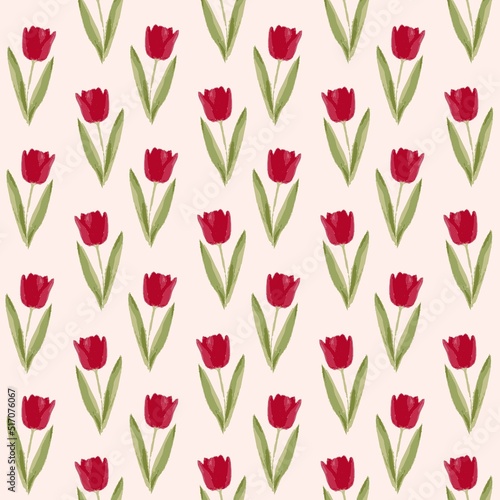 Colorful tulip flower seamless pattern in abstract hand drawn style. Repeating floral illustration for summer fabric, decoration, clothe, textile, ornament, cover, wallpaper, poster, fashion design. #517076067