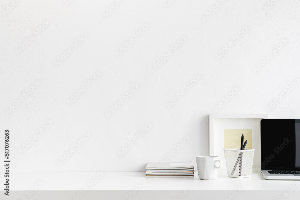 Home office desk. Bright minimal, clean workspace with product space. Home office desk. Bright minimal, clean workspace with product space.