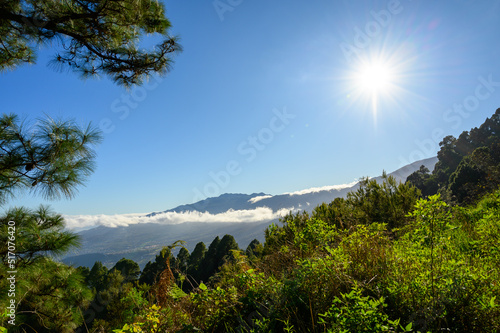 Driving on La Palma island to highest mountain Roque de los muchachos before Cumbre vieja volcano eruption in 2021  sunny day  Canary islands  Spain