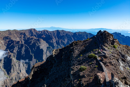 Panoramic view on La Palma island from highest mountain range Roque de los muchachos, sunny day, Canary islands, Spain
