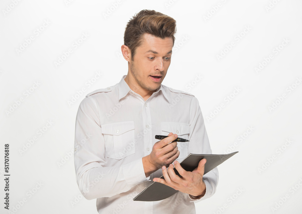 man with pen and notepad isolated on white background