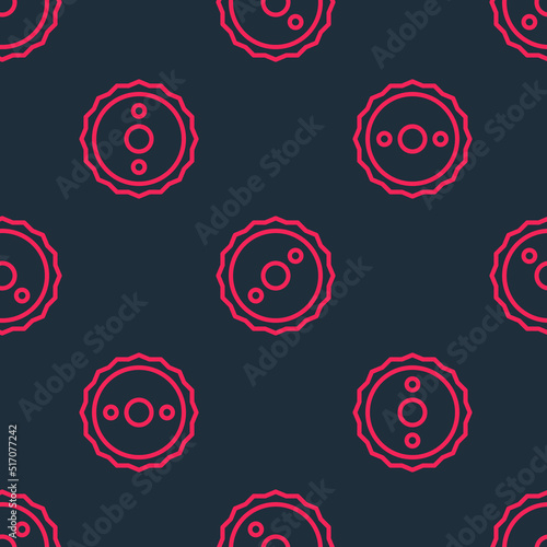 Red line Circular saw blade icon isolated seamless pattern on black background. Saw wheel. Vector