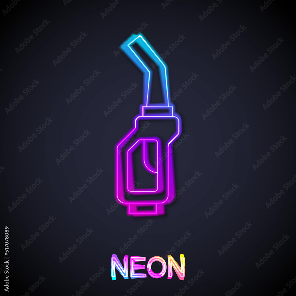 Glowing neon line Gasoline pump nozzle icon isolated on black background. Fuel pump petrol station. Refuel service sign. Gas station icon. Vector Glowing neon line Gasoline pump nozzle icon isolated on black background. Fuel pump petrol station. Refuel service sign. Gas station icon. Vector