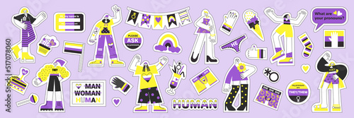 Stickers with nonbinary symbols and flags vector illustration set. Genderqueer elements for lgbtq+ pride on background.