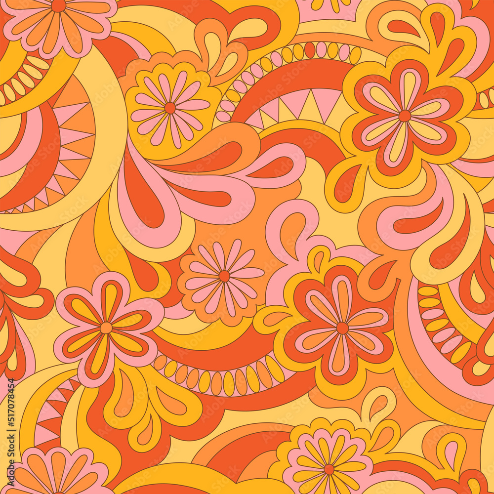 Psychedelic hippie seamless pattern. Vector nostalgic retro 60s groovy print. Vintage 70s wavy background. Textile and surface design with old fashioned hand drawn abstract floralel ements Psychedelic hippie seamless pattern. Vector nostalgic retro 60s groovy print. Vintage 70s wavy background. Textile and surface design with old fashioned hand drawn abstract floralel ements