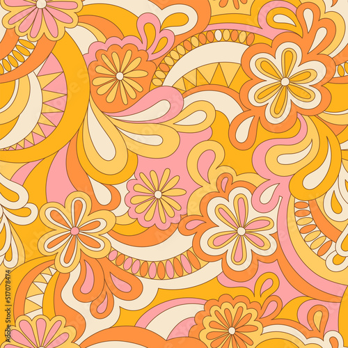 Psychedelic hippie seamless pattern. Vector nostalgic retro 60s groovy print. Vintage 70s wavy background. Textile and surface design with old fashioned hand drawn abstract floralel ements