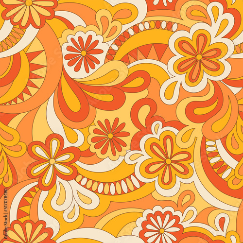 Psychedelic hippie seamless pattern. Vector nostalgic retro 60s groovy print. Vintage 70s wavy background. Textile and surface design with old fashioned hand drawn abstract floralel ements photo