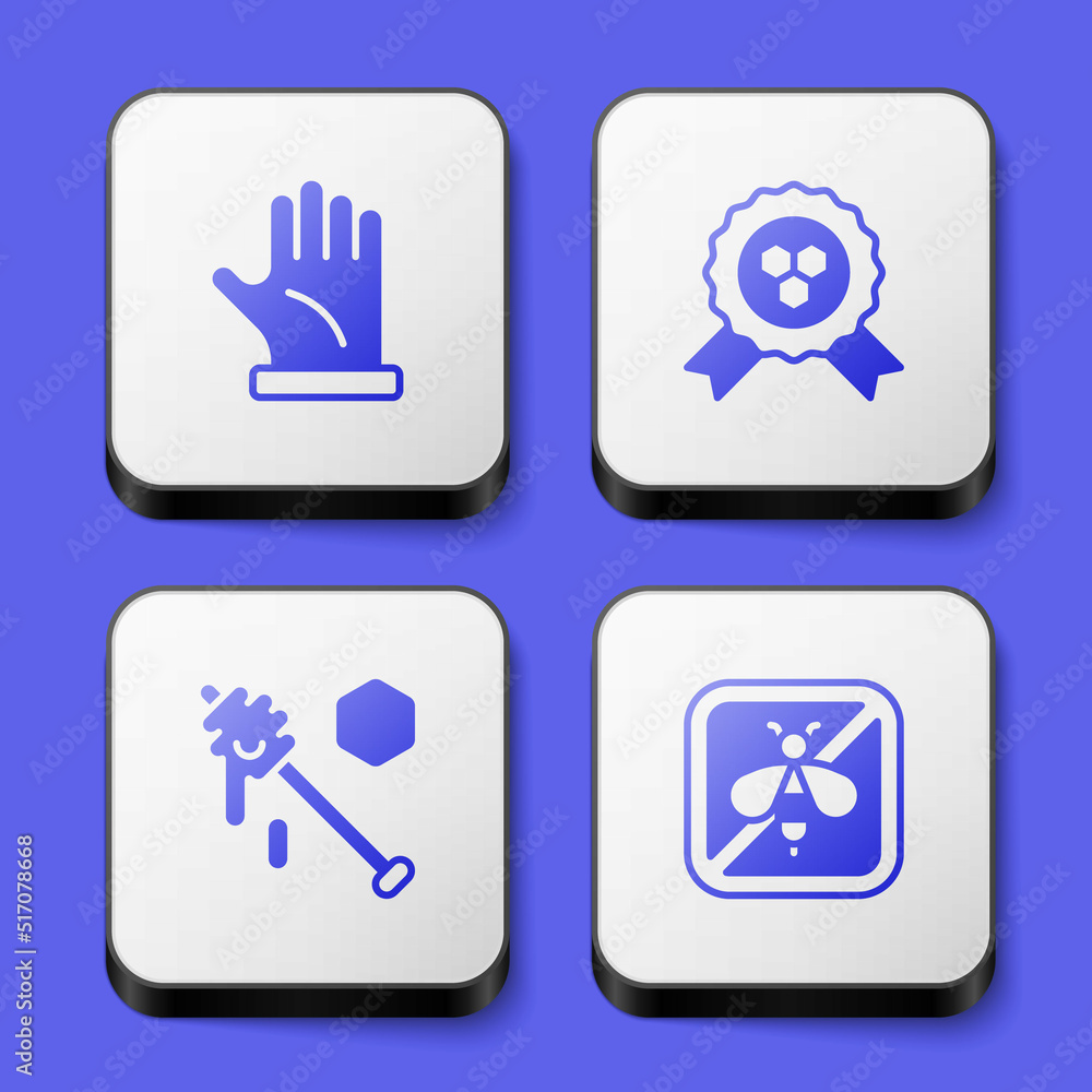 Set Beekeeper glove, Honey award, dipper stick and Stop bee icon. White square button. Vector Set Beekeeper glove, Honey award, dipper stick and Stop bee icon. White square button. Vector