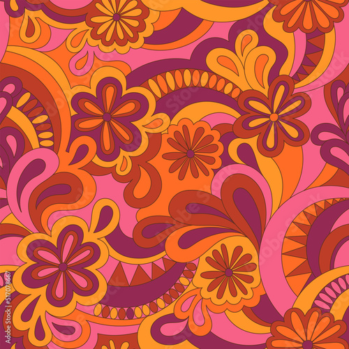 Psychedelic hippie seamless pattern. Vector nostalgic retro 60s groovy print. Vintage 70s wavy background. Textile and surface design with old fashioned hand drawn abstract floralel ements
