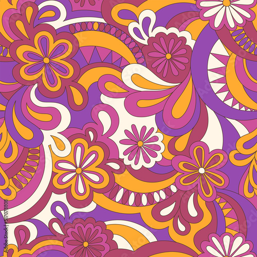 Psychedelic hippie seamless pattern. Vector nostalgic retro 60s groovy print. Vintage 70s wavy background. Textile and surface design with old fashioned hand drawn abstract floralel ements