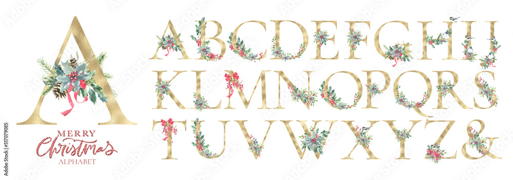 Watercolor Gold Christmas Winter forest Floral Alphabet with bell, pine, holy berry,poinsettia. Woodland botanical Floral letters set element for baby shower invite, wedding monogram initials