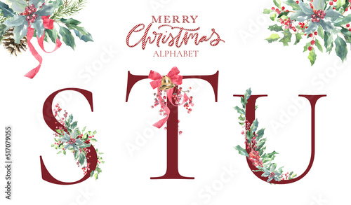 Watercolor Red Christmas Winter forest Floral Alphabet letters S,T,U with pine, holy berry,poinsettia. Woodland botanical Floral letters set element for baby shower invite, wedding monogram initials
